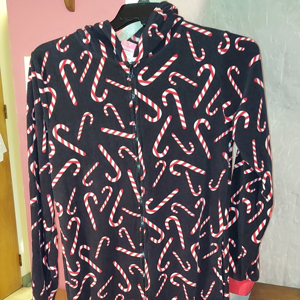 Womans Candy Cane One Piece Pajamas size Small zippered front